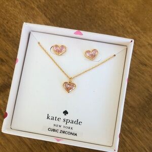 NWT Kate Spade Gold Necklace Earrings Set Pink Heart New in box $129.00
